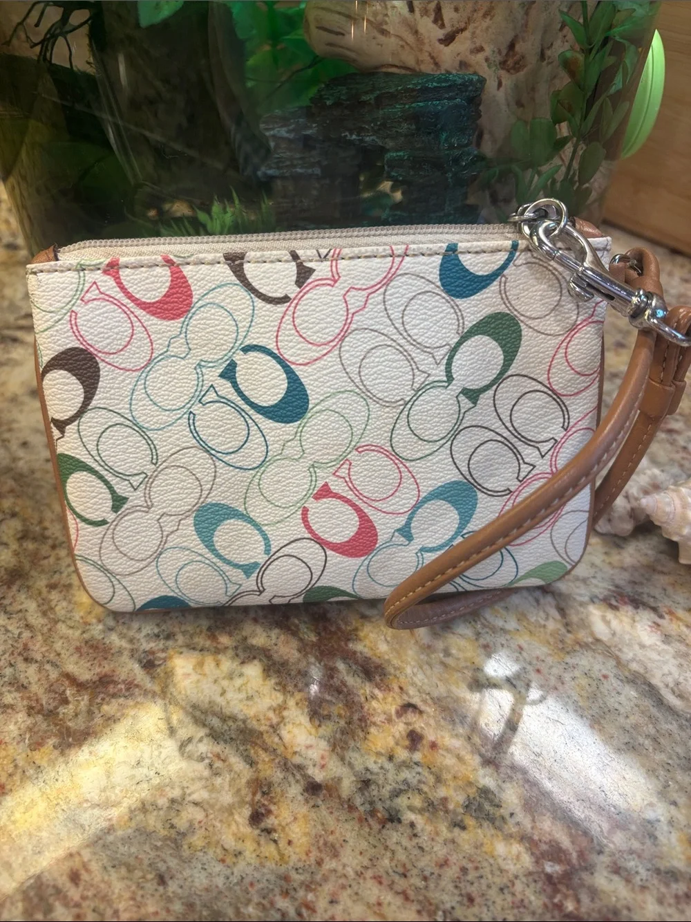Coach Multicolor Signature Wristlet with Green Stripe with dustbag